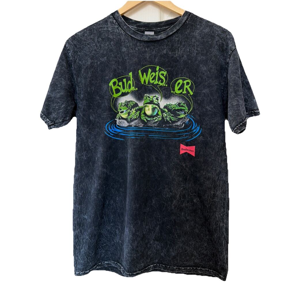 Budweiser Frog Graphic T-Shirt Mens Med Black Acid Wash Retro Beer Tee Y2K Style